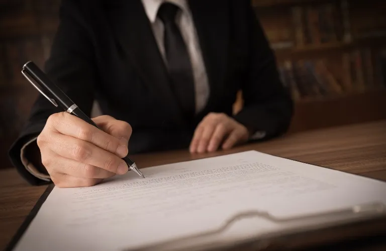 Person in black suit and tie holding a pen, signing a document on a clipboard.