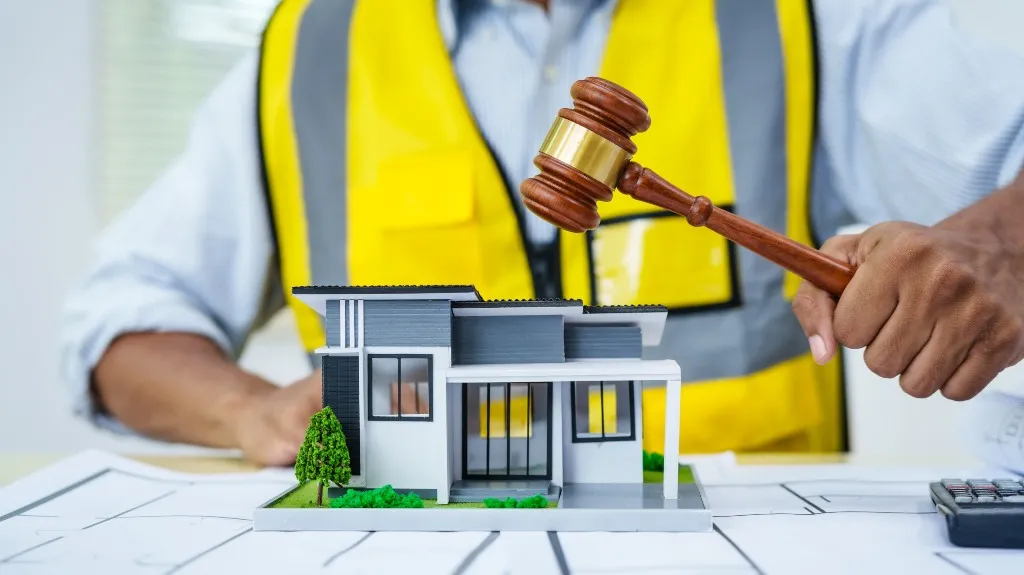 Person in yellow safety vest holding wooden gavel over miniature modern house model on architectural plans.