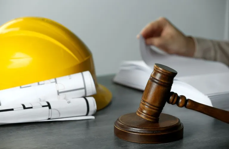 Wooden judge's gavel beside rolled architectural blueprints and a yellow construction helmet.