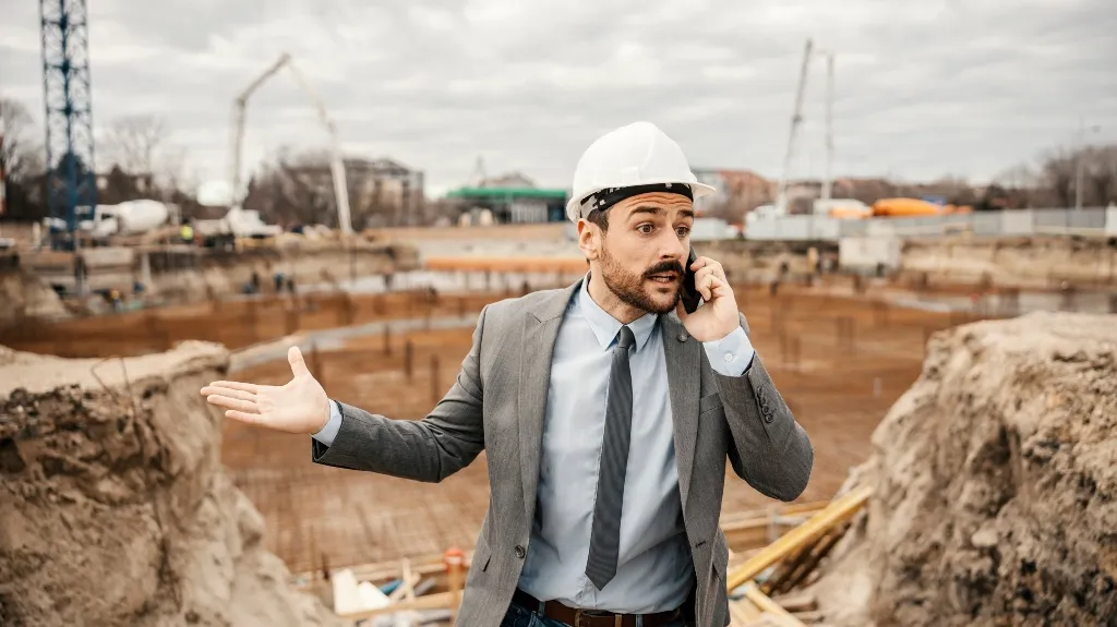 Man in a gray suit and white hard hat speaking on phone at construction site.