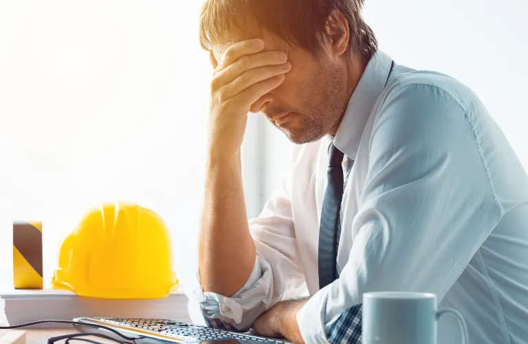 Professional man in white shirt and tie, appearing stressed at desk with yellow hard hat and keyboard.