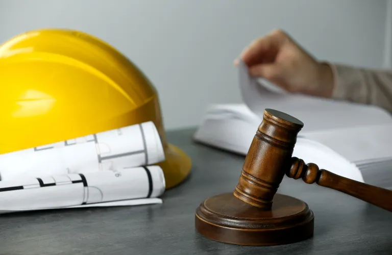 Wooden judge's gavel, yellow construction helmet, rolled blueprints, and person flipping pages.