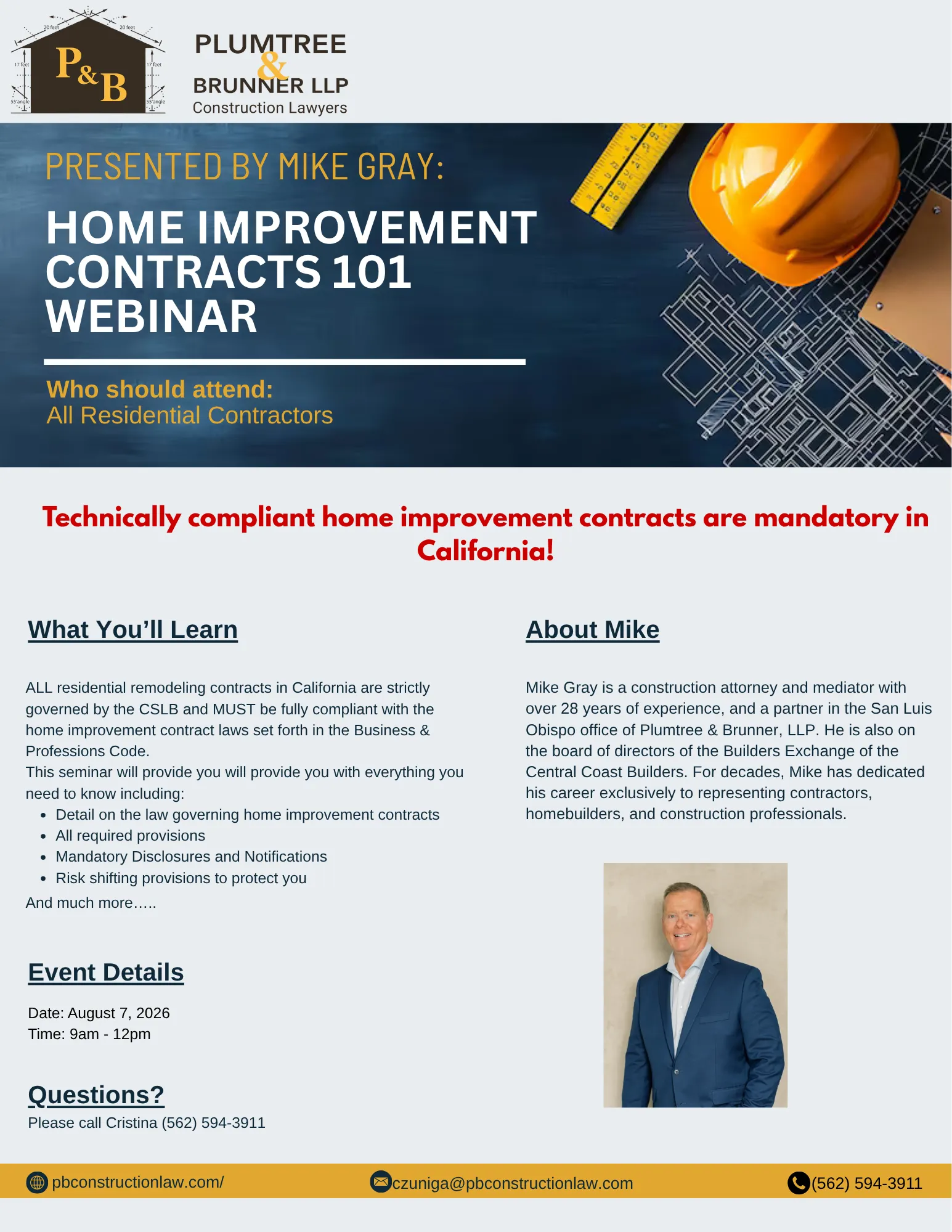 Webinar flyer for "Home Improvement Contracts 101" by Plumtree & Brunner LLP, featuring construction tools and a presenter photo.