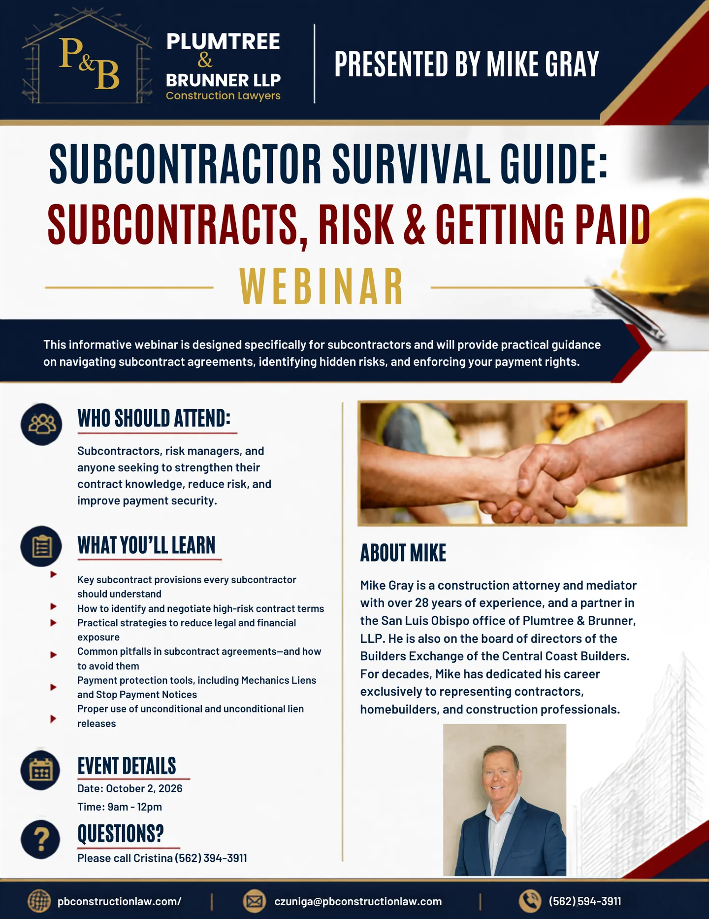 Webinar flyer for subcontractor survival guide by Plumtree & Brunner LLP, featuring handshake and speaker photo.