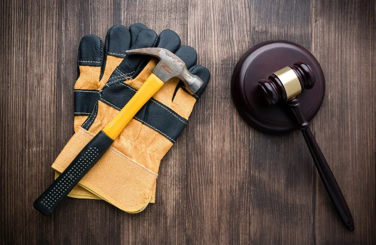 Pair of yellow and black work gloves with a claw hammer beside a wooden judge's gavel on a wooden surface.